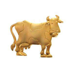Cow Brooch Pin - Signed JJ 1988 - Vintage Gold Tone Costume Jewelry - Gift Box